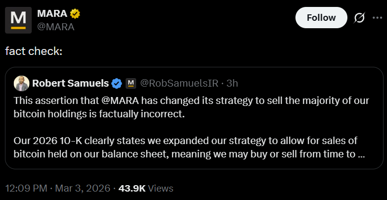 MARA控股澄清比特币持仓政策未变