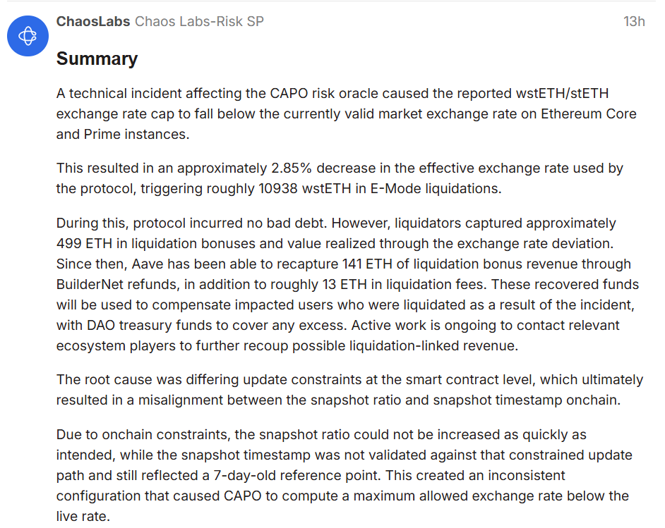 Aave预言机配置错误致2700万美元wstETH清算，将启动用户赔偿