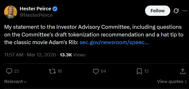 皮尔斯呼吁监管克制：简化代币化信息披露要求