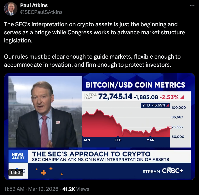 SEC主席释放监管新信号：加密资产分类明确在即