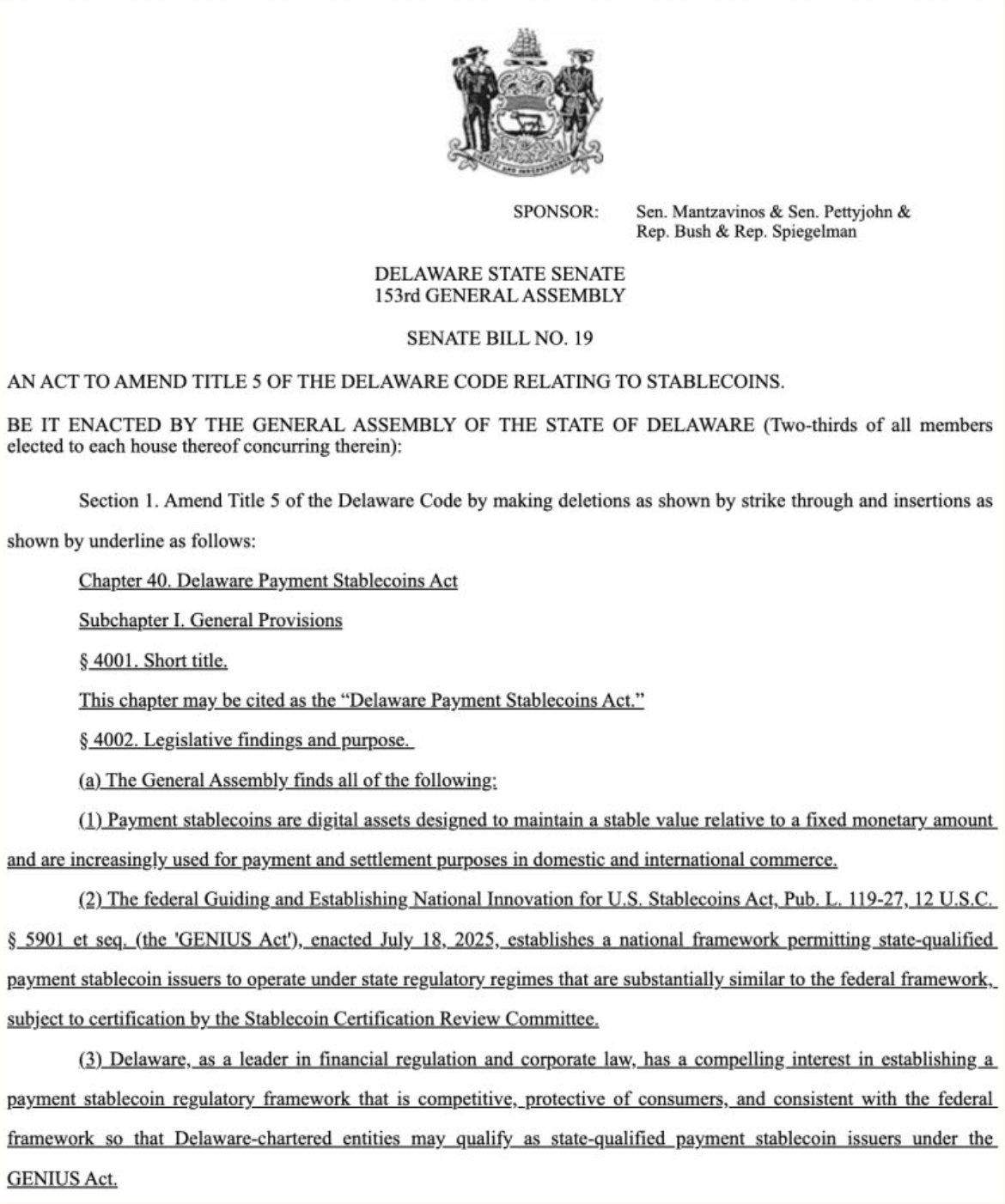 特拉华州推稳定币法案，为联邦认证铺路