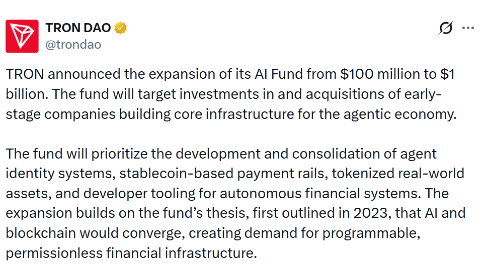 TRON扩码AI基金至10亿，剑指智能体经济基建