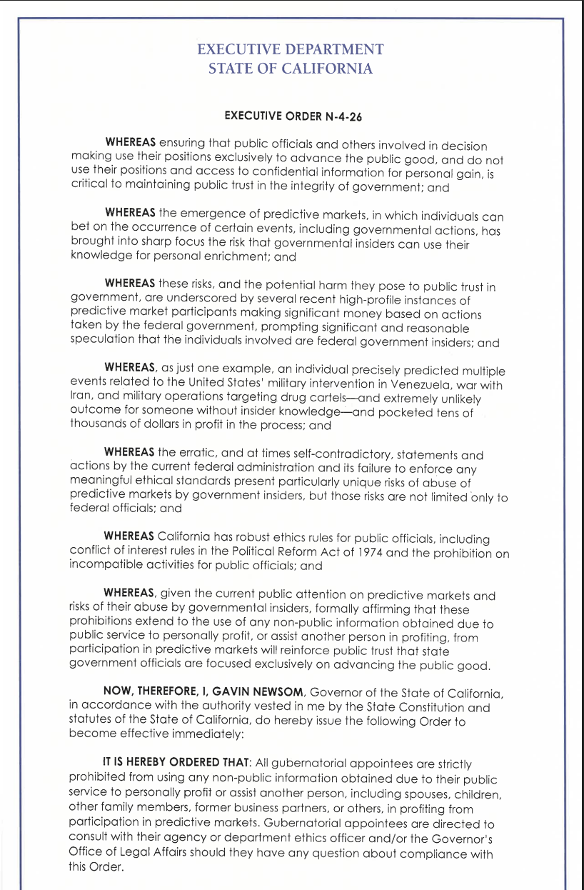 加州严打内幕交易：公职人员禁入预测市场