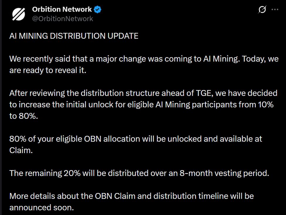 OBN发布前，AI挖矿分配迎来重大解锁利好