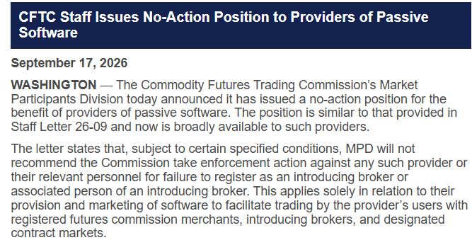 美国商品期货交易委员会（CFTC）新闻：对被动加密货币钱包免除经纪商注册要求