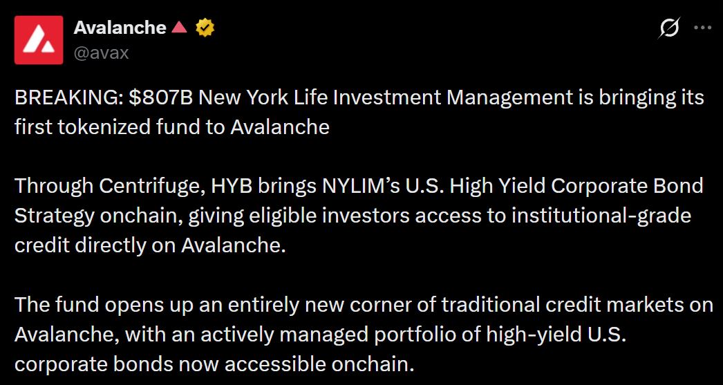 avalanche新闻：8070亿美元巨头首次将基金上链