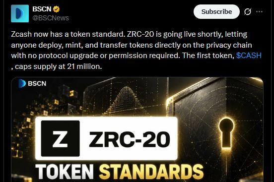 Zcash新闻：ZRC-20代币标准、ZEC价格及Garrett Jin的做空损失