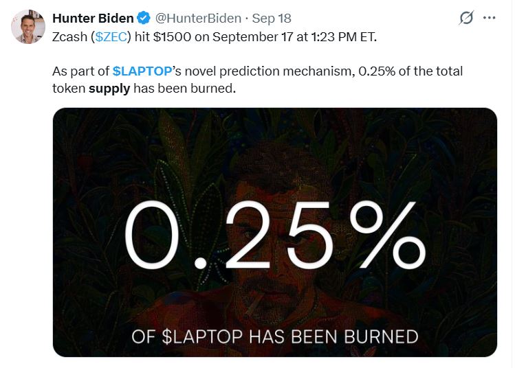 亨特·拜登称，尽管“LAPTOP” meme币暴跌99.5%，其仍具重大价值