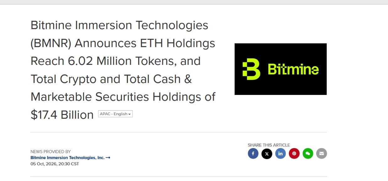 Bitmine的加密货币持仓达174亿美元，ETH接近602万枚代币