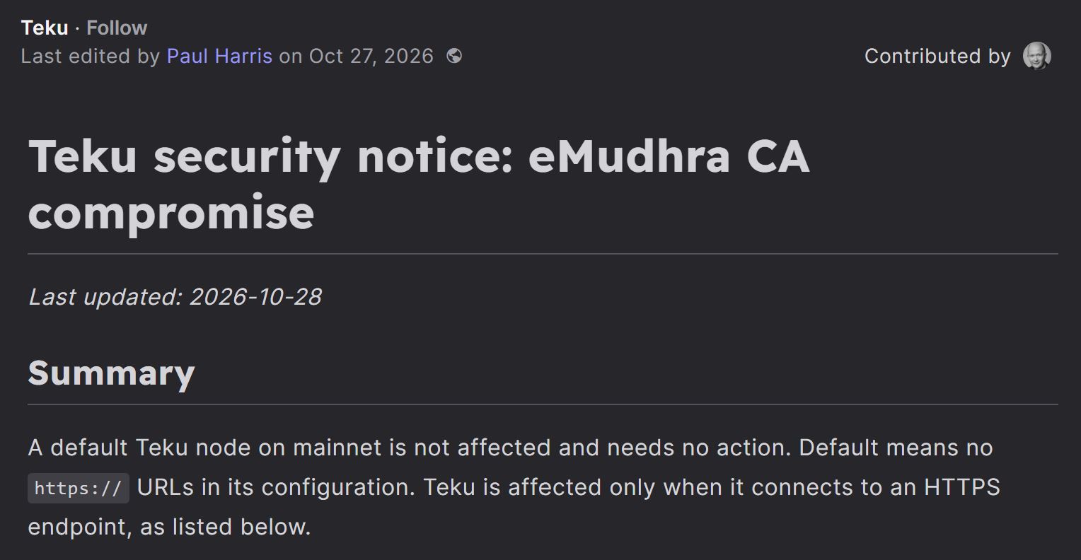 以太坊客户端Teku在证书颁发机构密钥泄露后警告验证者